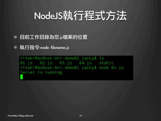 NodeJS執行程式方法
      !   目前工作目錄為您.js檔案的位置

      !   執行指令:node	 filename.js




From:http://blog.xdxie.net
         15
 