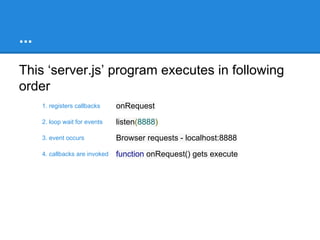Understanding server.js
var http = require("http");
function onRequest(request, response) {
console.log("Callback invoked");
response.writeHead(200, {"Content-Type":
"text/plain"});
response.write("Hello World");
response.end();
}
1
2
http.createServer(onRequest).listen(8888);
console.log("Server started");

3

4
single thread

 