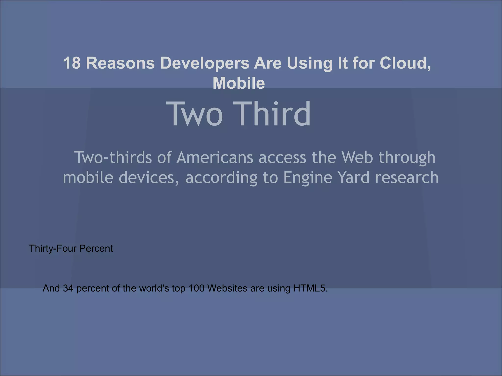 18 Reasons Developers Are Using It for Cloud,
                        Mobile

                              Two Third
        Two-thirds of Americans access the Web through
       mobile devices, according to Engine Yard research



Thirty-Four Percent



   And 34 percent of the world's top 100 Websites are using HTML5.
 
