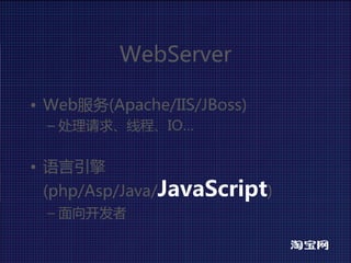 WebServer

• Web服务(Apache/IIS/JBoss)
  – 处理请求、线程、IO…


• 语言引擎
 (php/Asp/Java/JavaScript)
  – 面向开发者
 