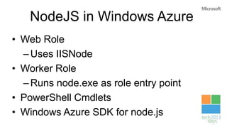 NodeJS in Windows Azure
• Web Role
–Uses IISNode
• Worker Role
–Runs node.exe as role entry point
• PowerShell Cmdlets
• Windows Azure SDK for node.js
 