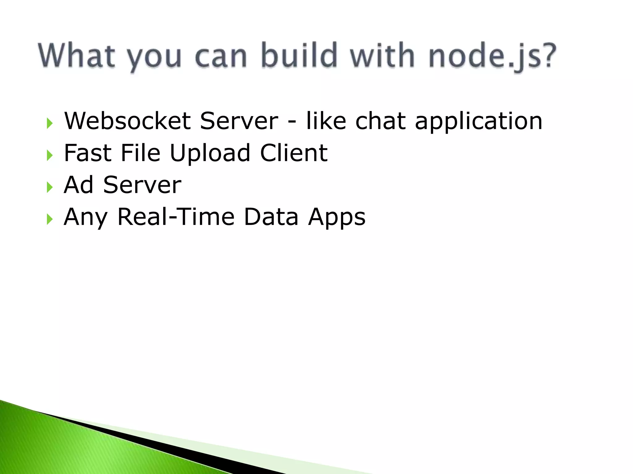 




Websocket Server - like chat application
Fast File Upload Client
Ad Server
Any Real-Time Data Apps

 