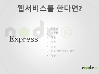 웹서비스를 한다면?
• 라우팅
• 동적뷰
• 세션
• 쿠키
• 로깅
• 외부 세션 저장소 기능
• 등등
Express
 