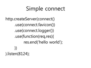 Simple connect
http.createServer(connect()
.use(connect.favicon())
.use(connect.logger())
.use(function(req,res){
res.end(‘hello world’);
})
).listen(8124);
 