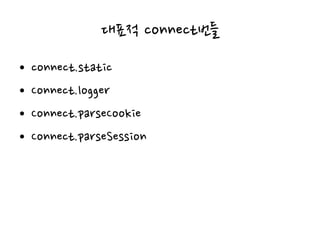 대표적 connect번들
• connect.static
• Connect.logger
• Connect.parseCookie
• Connect.parseSession
 