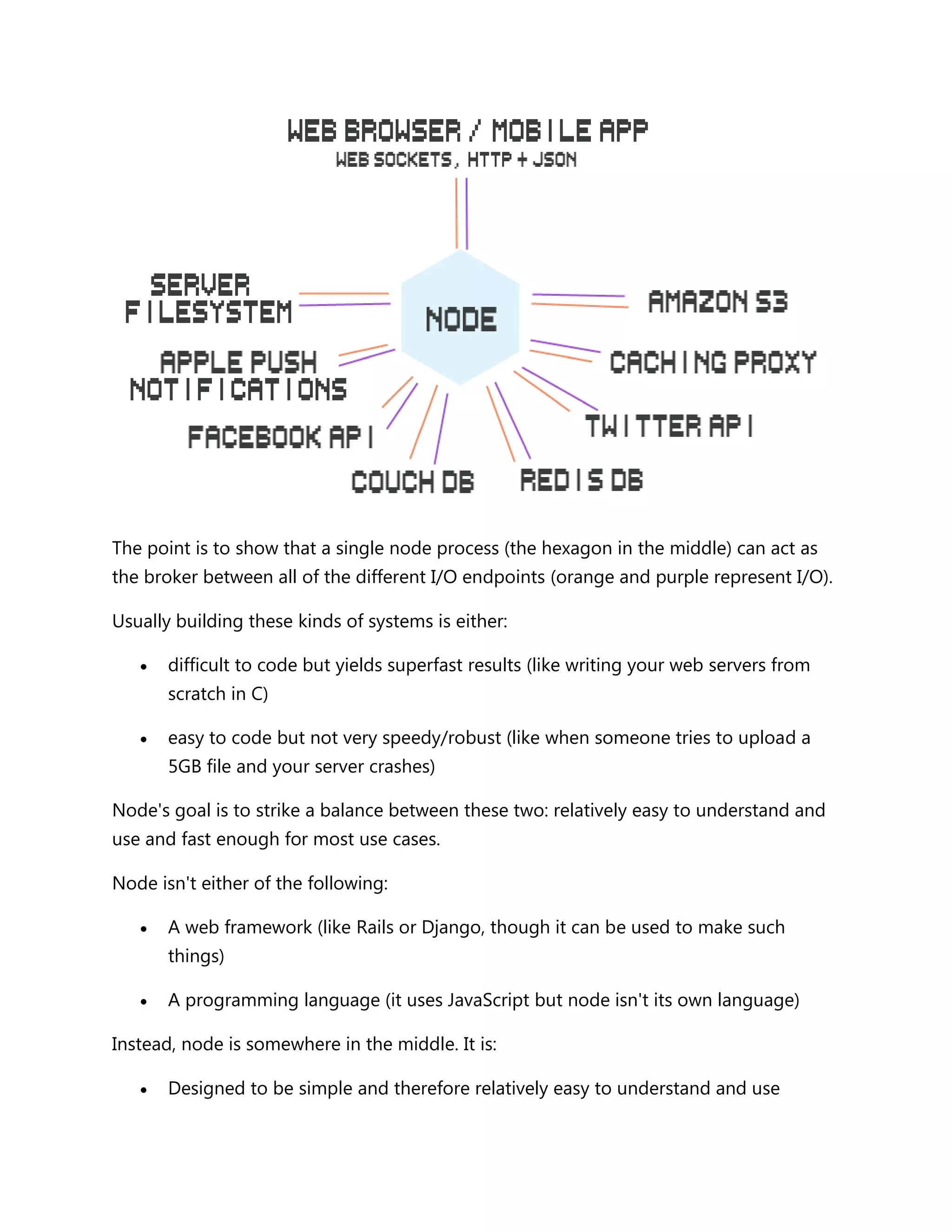 The point is to show that a single node process (the hexagon in the middle) can act as
the broker between all of the different I/O endpoints (orange and purple represent I/O).
Usually building these kinds of systems is either:
 difficult to code but yields superfast results (like writing your web servers from
scratch in C)
 easy to code but not very speedy/robust (like when someone tries to upload a
5GB file and your server crashes)
Node's goal is to strike a balance between these two: relatively easy to understand and
use and fast enough for most use cases.
Node isn't either of the following:
 A web framework (like Rails or Django, though it can be used to make such
things)
 A programming language (it uses JavaScript but node isn't its own language)
Instead, node is somewhere in the middle. It is:
 Designed to be simple and therefore relatively easy to understand and use
 