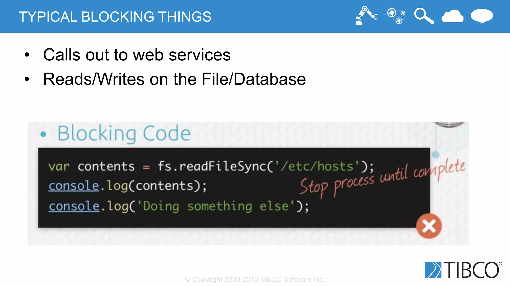 © Copyright 2000-2013 TIBCO Software Inc.
TYPICAL BLOCKING THINGS
• Calls out to web services
• Reads/Writes on the File/Database
 