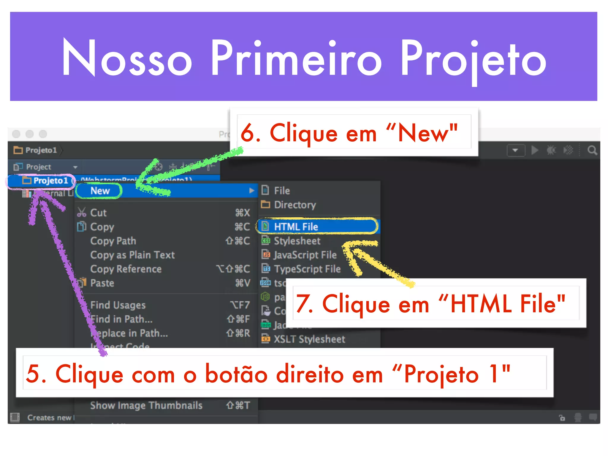 Nosso Primeiro Projeto
5. Clique com o botão direito em “Projeto 1"
6. Clique em “New"
7. Clique em “HTML File"
 