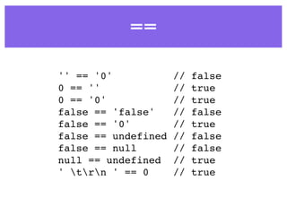 ==
'' == '0' // false
0 == '' // true
0 == '0' // true
false == 'false' // false
false == '0' // true
false == undefined // false
false == null // false
null == undefined // true
' trn ' == 0 // true
 