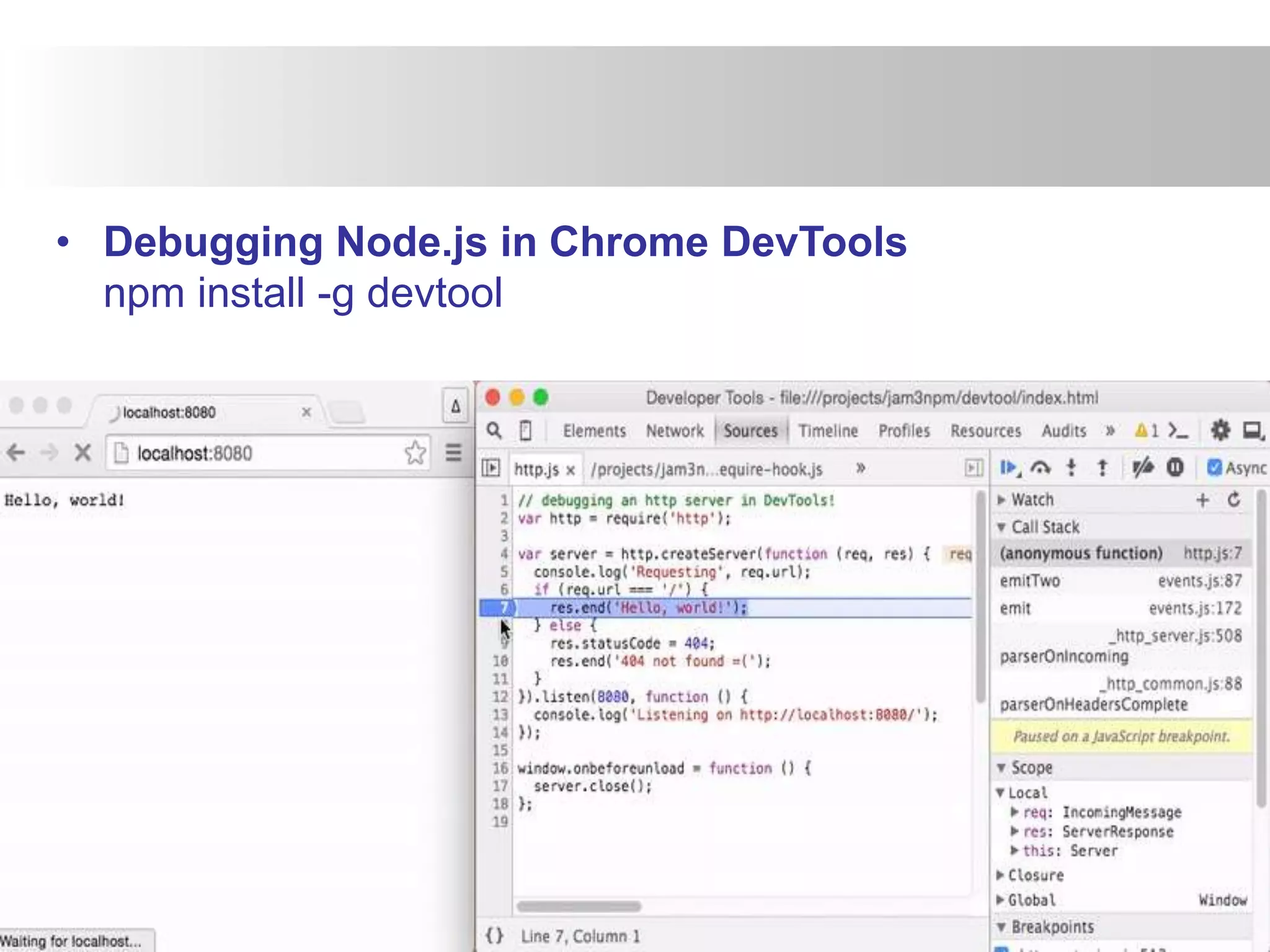 • Debugging Node.js in Chrome DevTools
npm install -g devtool
 