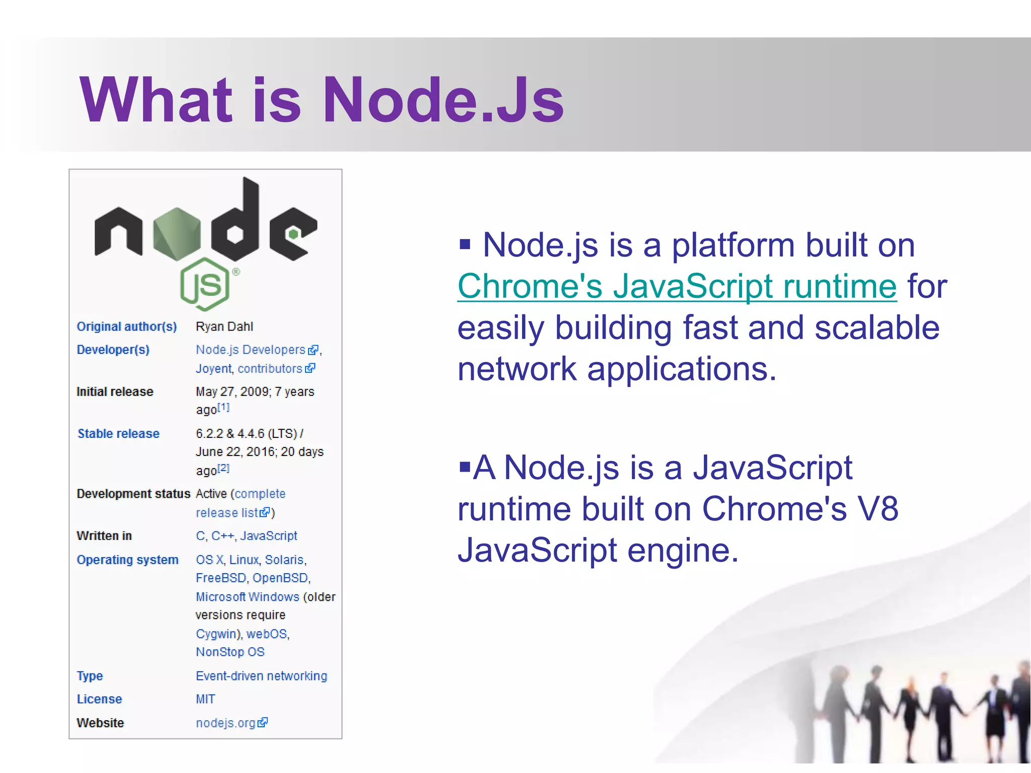 What is Node.Js
 Node.js is a platform built on
Chrome's JavaScript runtime for
easily building fast and scalable
network applications.
A Node.js is a JavaScript
runtime built on Chrome's V8
JavaScript engine.
 