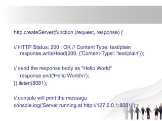 http.createServer(function (request, response) {
// HTTP Status: 200 : OK // Content Type: text/plain
response.writeHead(200, {'Content-Type': 'text/plain'});
// send the response body as "Hello World"
response.end('Hello Worldn');
}).listen(8081);
// console will print the message
console.log('Server running at http://127.0.0.1:8081/');
 