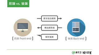 前端 vs. 後端
要求造訪網頁
傳送網頁檔
解析檔案
前端 Front-end 後端 Back-end
 