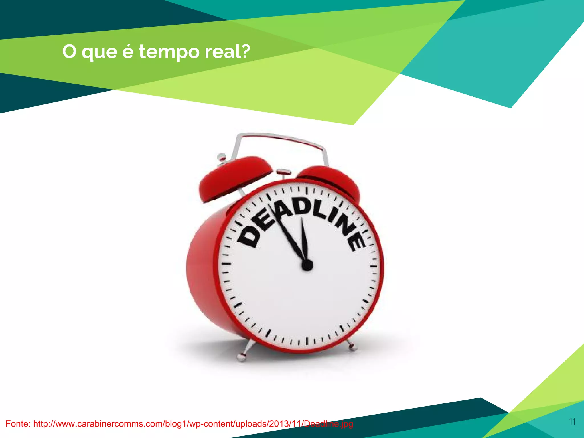11
O que é tempo real?
Fonte: http://www.carabinercomms.com/blog1/wp-content/uploads/2013/11/Deadline.jpg
 