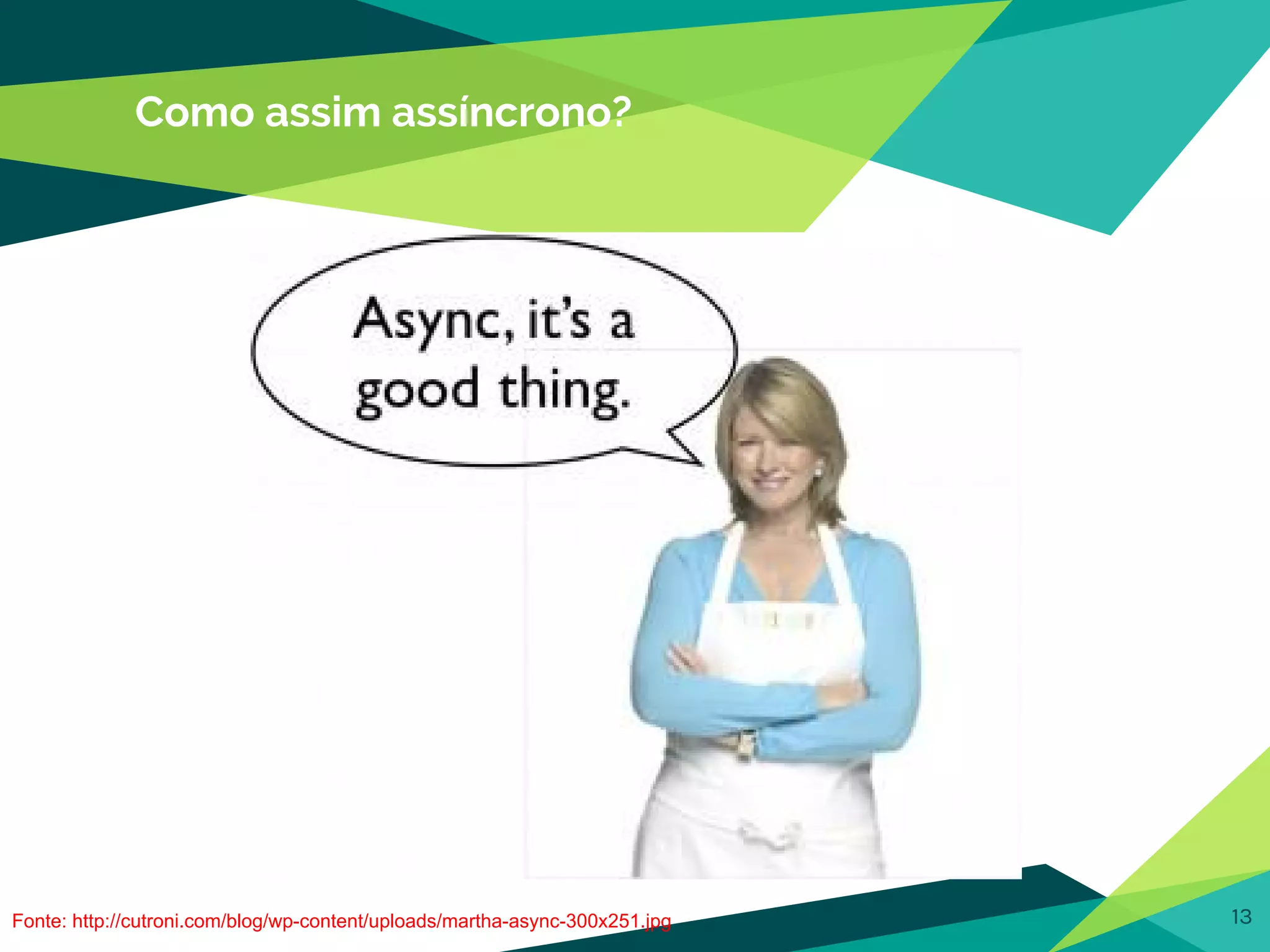 Como assim assíncrono?
13Fonte: http://cutroni.com/blog/wp-content/uploads/martha-async-300x251.jpg
 