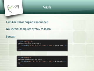 Vash
Familiar Razor engine experience
No special template syntax to learn
Syntax:
 