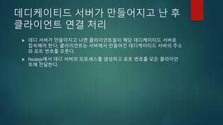 데디케이티드 서버가 만들어지고 난 후
클라이언트 연결 처리
 데디 서버가 만들어지고 나면 클라이언트들이 해당 데디케이티드 서버로
접속해야 한다. 클라이언트는 서버에서 만들어진 데디케이티드 서버의 주소
와 포트 번호를 모른다.
 Nodejs에서 데디 서버의 프로세스를 생성하고 포트 번호를 모든 클라이언
트에 전달한다.
 
