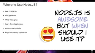 © 2017 Adobe Systems Incorporated. All Rights Reserved. Adobe Confidential.
Where to Use Node.JS?
18
• Few CPU Cycles
• I/O Operations
• Chat/ messaging
• Real – Time Applications
• Communication Hubs
• High Concurrency Applications
 