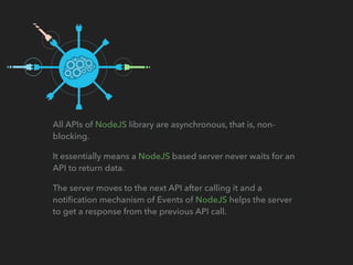 All APIs of NodeJS library are asynchronous, that is, non-
blocking.
It essentially means a NodeJS based server never waits for an
API to return data.
The server moves to the next API after calling it and a
notiﬁcation mechanism of Events of NodeJS helps the server
to get a response from the previous API call.
 