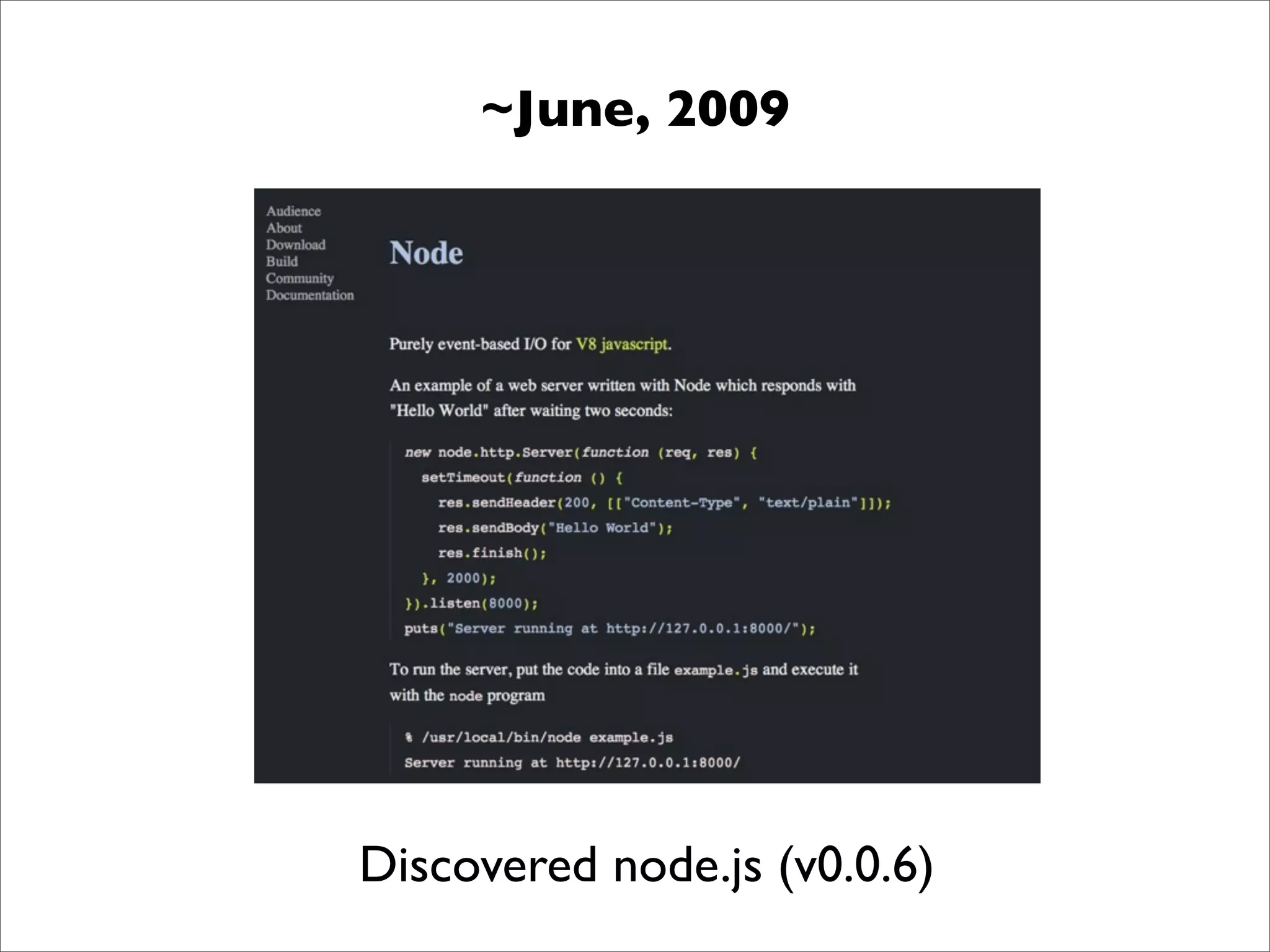 ~June, 2009




Discovered node.js (v0.0.6)
 