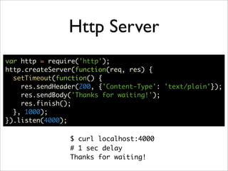 Http Server
var http = require('http');
http.createServer(function(req, res) {
  setTimeout(function() {
    res.sendHeader(200, {'Content-Type': 'text/plain'});
    res.sendBody('Thanks for waiting!');
    res.finish();
  }, 1000);
}).listen(4000);

                $ curl localhost:4000
                # 1 sec delay
                Thanks for waiting!
 