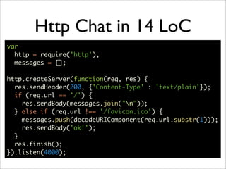 Http Chat in 14 LoC
var
  http = require('http'),
  messages = [];

http.createServer(function(req, res) {
  res.sendHeader(200, {'Content-Type' : 'text/plain'});
  if (req.url == '/') {
    res.sendBody(messages.join("n"));
  } else if (req.url !== '/favicon.ico') {
    messages.push(decodeURIComponent(req.url.substr(1)));
    res.sendBody('ok!');
  }
  res.finish();
}).listen(4000);
 