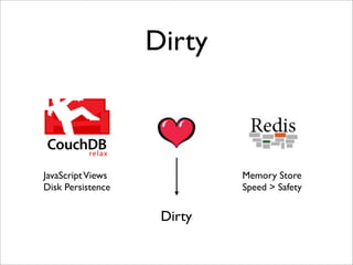 Dirty



JavaScript Views            Memory Store
Disk Persistence            Speed > Safety


                    Dirty
 