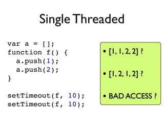 Single Threaded
var a = [];
function f() {       • [1, 1, 2, 2] ?
  a.push(1);
  a.push(2);
}                    • [1, 2, ...
