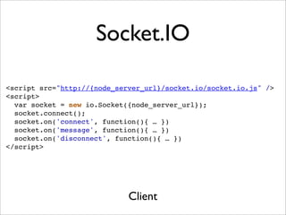 Socket.IO

<script src="http://{node_server_url}/socket.io/socket.io.js" />
<script>
  var socket = new io.Socket({node_se...