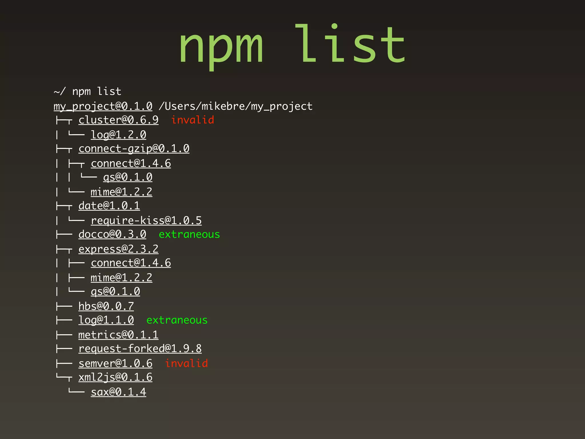 npm list
~/ npm list
my_project@0.1.0 /Users/mikebre/my_project
!"# cluster@0.6.9 invalid
$ %"" log@1.2.0
!"# connect-gzip@0.1.0
$ !"# connect@1.4.6
$ $ %"" qs@0.1.0
$ %"" mime@1.2.2
!"# date@1.0.1
$ %"" require-kiss@1.0.5
!"" docco@0.3.0 extraneous
!"# express@2.3.2
$ !"" connect@1.4.6
$ !"" mime@1.2.2
$ %"" qs@0.1.0
!"" hbs@0.0.7
!"" log@1.1.0 extraneous
!"" metrics@0.1.1
!"" request-forked@1.9.8
!"" semver@1.0.6 invalid
%"# xml2js@0.1.6
  %"" sax@0.1.4
 