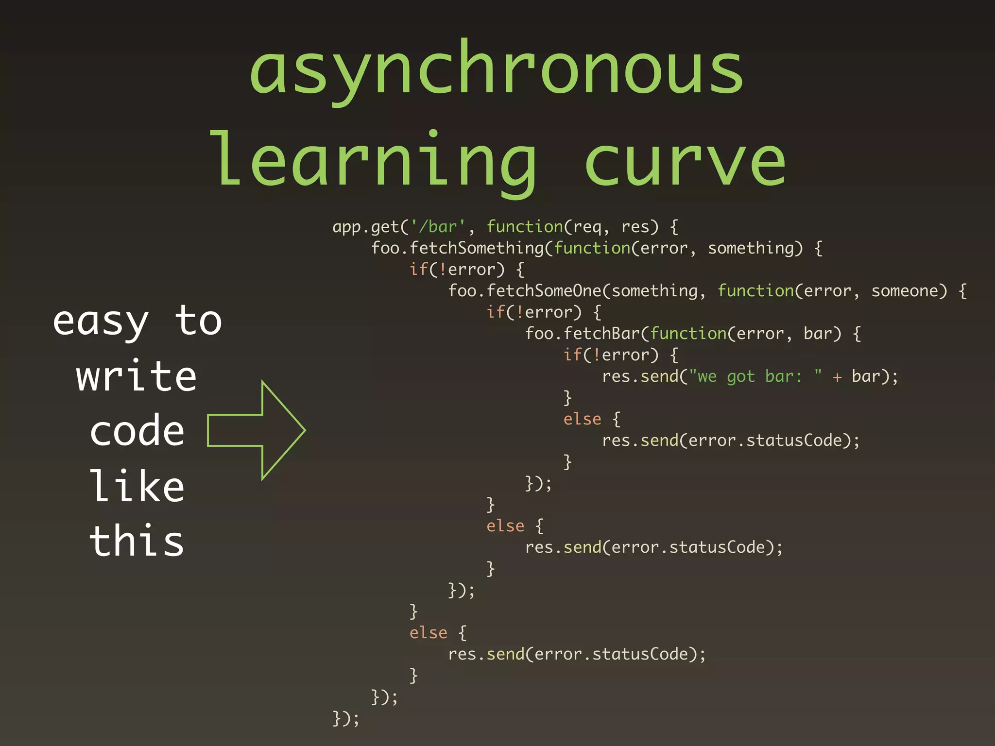 asynchronous
      learning curve
          app.get('/bar', function(req, res) {
              foo.fetchSomething(function(error, something) {
                  if(!error) {
                      foo.fetchSomeOne(something, function(error, someone) {

easy to                   if(!error) {
                               foo.fetchBar(function(error, bar) {
                                   if(!error) {
 write                             }
                                       res.send("we got bar: " + bar);


 code                              else {
                                       res.send(error.statusCode);
                                   }

 like                     }
                               });



 this
                          else {
                               res.send(error.statusCode);
                          }
                      });
                  }
                  else {
                      res.send(error.statusCode);
                  }
              });
          });
 