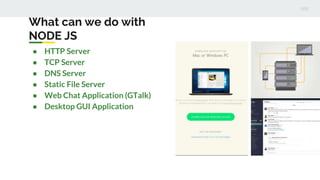 What can we do with
NODE JS
● HTTP Server
● TCP Server
● DNS Server
● Static File Server
● Web Chat Application (GTalk)
● Desktop GUI Application
 