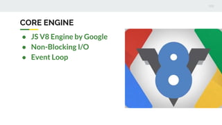 CORE ENGINE
● JS V8 Engine by Google
● Non-Blocking I/O
● Event Loop
 