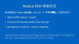 Node.js ESM 実装状況
基本機能は Node v12.20+, v14.13+ で フラグ無し で提供済み3
• Na$ve ESM import / export
• CommonJS interoperability (CJS Interop)
• package.json imports / exports mapping
3
ESM import / export と CJS interop は v15 系で stability: stable, v12, v14 系は次の minor リリースで stable になる
予定。imports / exports mapping は v15 系で stable になったが v12, v14 は未定。
5
 