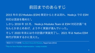 前回までのあらすじ
2015 年の ES Modules (ESM) 策定からときは流れ、Node.js での ESM
対応は混迷を極めた1
。
しかし 2018 年 10 月、 Node.js Modules Team は ESM 対応計画 ...