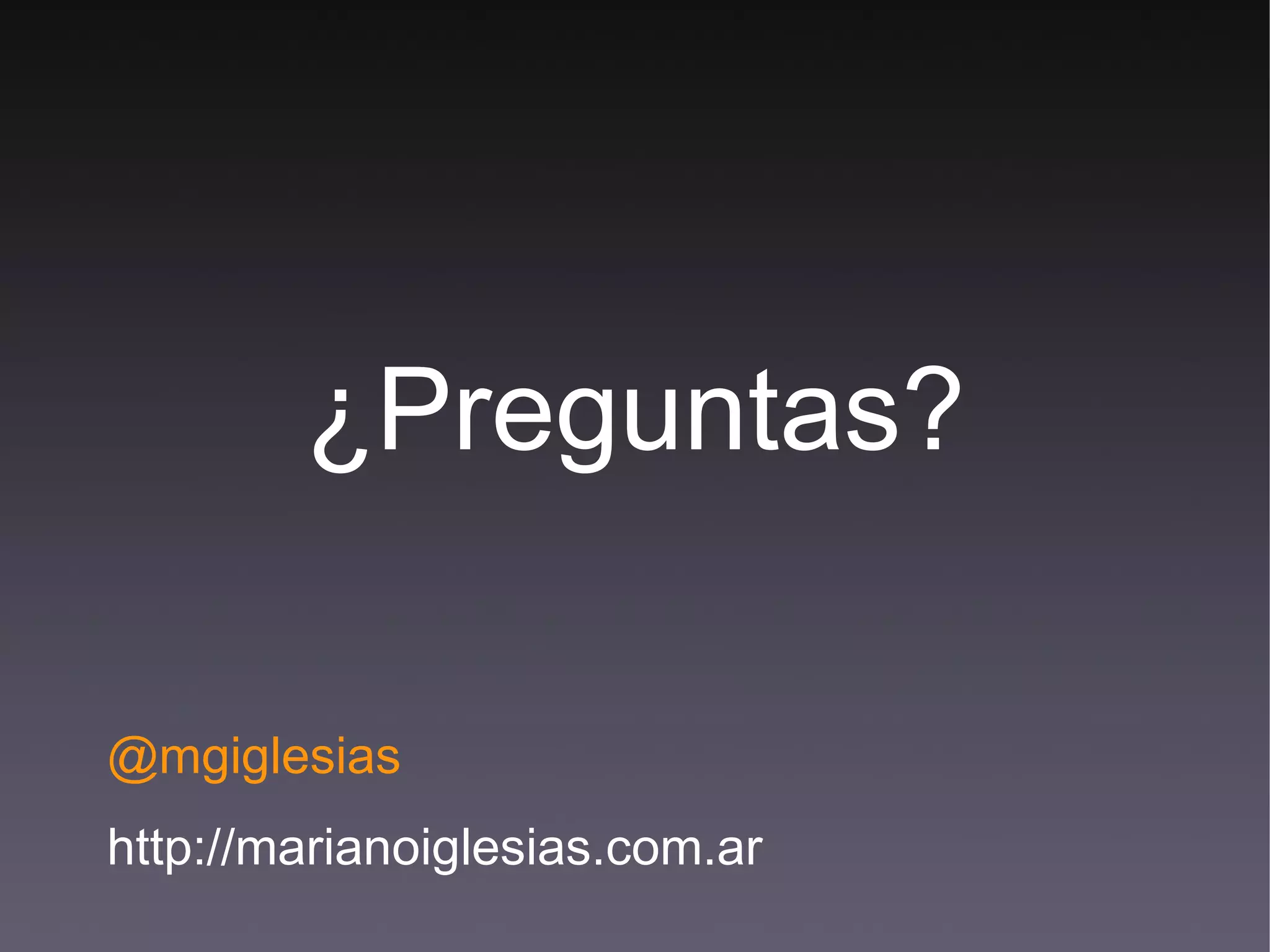Primer servidor node.js var   http   =   require ( 'http' ); http. createServer ( function (req,   res) { res. writeHead ( 200 , { 'Content-type' :   'text/plain' }); res. end ( 'Hello World!' ); }). listen ( 1337 ); console. log ( 'Server running at http://localhost:1337' ); 