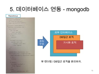 5. 데이터베이스 연동 - mongodb
Repository.js




                       외부 인터페이스
                          DB접근 로직
                코드
                            가시화 로직
                구조




                뷰 렌더링 / DB접근 로직을 분리하자.


                                         18
 