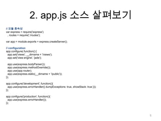 2. app.js 소스 살펴보기
// 모듈 종속성
var express = require('express')
  , routes = require('./routes');

var app = module.exports = express.createServer();

// configuration
app.configure( function() {
  app.set('views', __dirname + '/views');
  app.set('view engine', 'jade');

  app.use(express.bodyParser());
  app.use(express.methodOverride());
  app.use(app.router);
  app.use(express.static(__dirname + '/public'));
});

app.configure('development', function(){
  app.use(express.errorHandler({ dumpExceptions: true, showStack: true }));
});

app.configure('production', function(){
  app.use(express.errorHandler());
});



                                                                              5
 