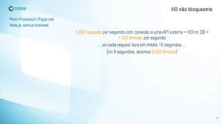I/O não bloqueante 
Pedro Franceschi (Pagar.me) 
Node.js: serious business 
1.000 requests por segundo com conexão a uma API externa + I/O no DB = 
1.000 threads por segundo 
... se cada request leva em média 10 segundos ... 
Em 9 segundos, teremos 9.000 threads! 
19 
 