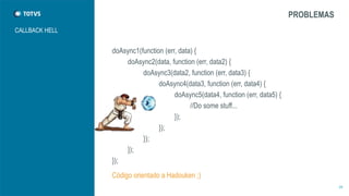 CALLBACK HELL 
doAsync1(function (err, data) { 
doAsync2(data, function (err, data2) { 
doAsync3(data2, function (err, data3) { 
doAsync4(data3, function (err, data4) { 
doAsync5(data4, function (err, data5) { 
//Do some stuff... 
}); 
}); 
}); 
}); 
}); 
PROBLEMAS 
29 
Código orientado a Hadouken ;) 
 