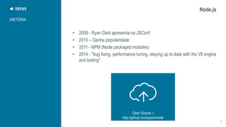 Node.js 
HISTÓRIA 
8 
• 2009 - Ryan Dahl apresenta na JSConf 
• 2010 – Ganha popularidade 
• 2011 - NPM (Node packaged modules) 
• 2014 - "bug fixing, performance tuning, staying up to date with the V8 engine 
and tooling" 
Open Source :) 
http://github.com/joyent/node 
 