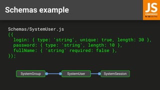 Schemas example
Schemas/SystemUser.js
({
login: { type: 'string', unique: true, length: 30 },
password: { type: 'string', length: 10 },
fullName: { 'string' required: false },
});
SystemUser
SystemGroup SystemSession
 
