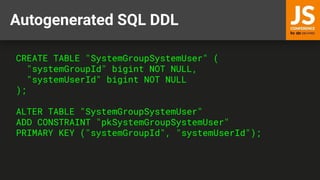 Autogenerated SQL DDL
CREATE TABLE "SystemGroupSystemUser" (
"systemGroupId" bigint NOT NULL,
"systemUserId" bigint NOT NULL
);
ALTER TABLE "SystemGroupSystemUser"
ADD CONSTRAINT "pkSystemGroupSystemUser"
PRIMARY KEY ("systemGroupId", "systemUserId");
 