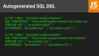 Autogenerated SQL DDL
ALTER TABLE "SystemGroupSystemUser"
ADD CONSTRAINT "fkSystemGroupSystemUserSystemGroup"
FOREIGN KEY ("systemGroupId")
REFERENCES "SystemGroup" ("systemGroupId");
ALTER TABLE "SystemGroupSystemUser"
ADD CONSTRAINT "fkSystemGroupSystemUserSystemUser"
FOREIGN KEY ("systemUserId")
REFERENCES "SystemUser" ("systemUserId");
 