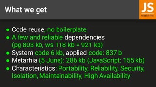 What we get
● Code reuse, no boilerplate
● A few and reliable dependencies
(pg 803 kb, ws 118 kb = 921 kb)
● System code 6 kb, applied code: 837 b
● Metarhia (5 June): 286 kb (JavaScript: 155 kb)
● Characteristics: Portability, Reliability, Security,
Isolation, Maintainability, High Availability
 