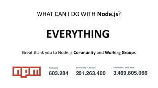 WHAT CAN I DO WITH Node.js?
EVERYTHING
Great thank you to Node.js Community and Working Groups
 