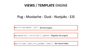 VIEWS / TEMPLATE ENGINE
Pug - Mustache - Dust - Nunjuks - EJS
 