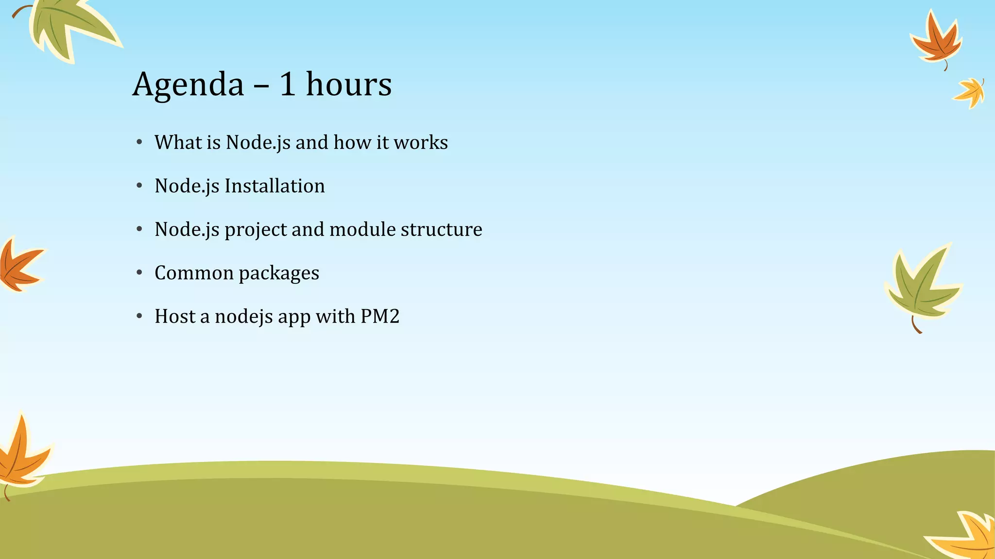 Agenda – 1 hours
• What is Node.js and how it works
• Node.js Installation
• Node.js project and module structure
• Common packages
• Host a nodejs app with PM2
 