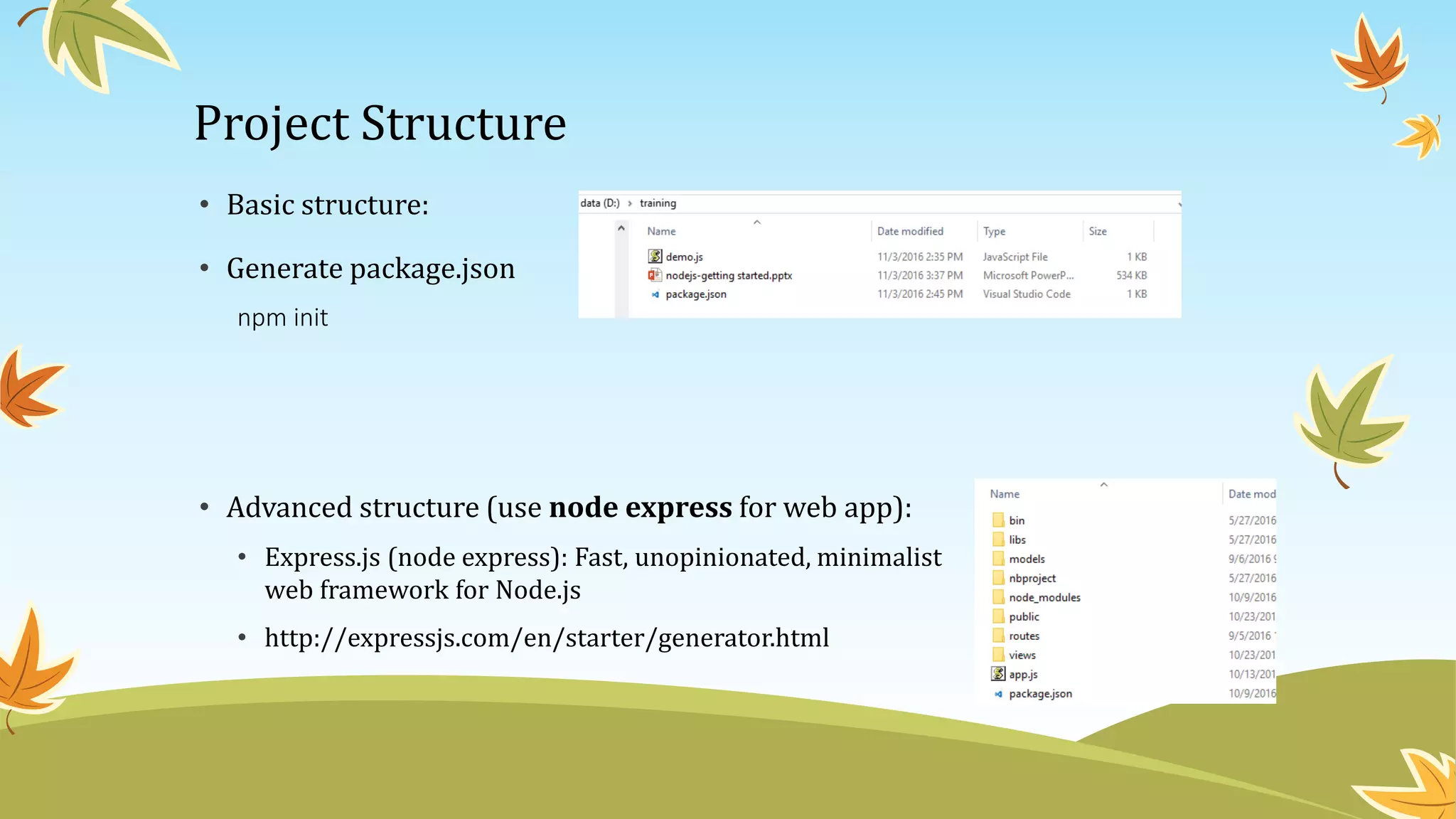 Project Structure
• Basic structure:
• Generate package.json
npm init
• Advanced structure (use node express for web app):
• Express.js (node express): Fast, unopinionated, minimalist
web framework for Node.js
• http://expressjs.com/en/starter/generator.html
 
