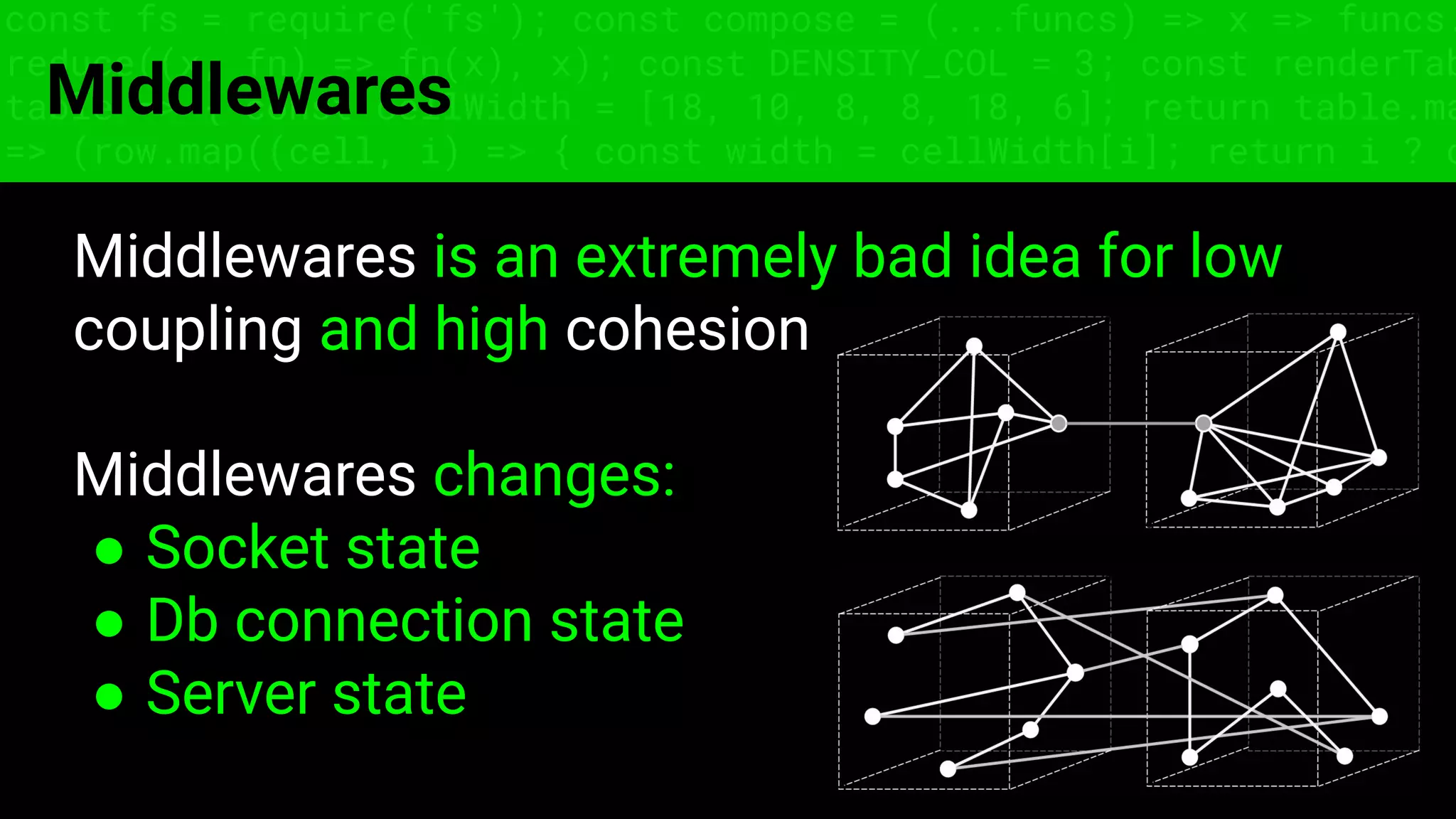 const fs = require('fs'); const compose = (...funcs) => x => funcs.
reduce((x, fn) => fn(x), x); const DENSITY_COL = 3; const renderTab
table => { const cellWidth = [18, 10, 8, 8, 18, 6]; return table.ma
=> (row.map((cell, i) => { const width = cellWidth[i]; return i ? c
Middlewares
Middlewares is an extremely bad idea for low
coupling and high cohesion
Middlewares changes:
● Socket state
● Db connection state
● Server state
 